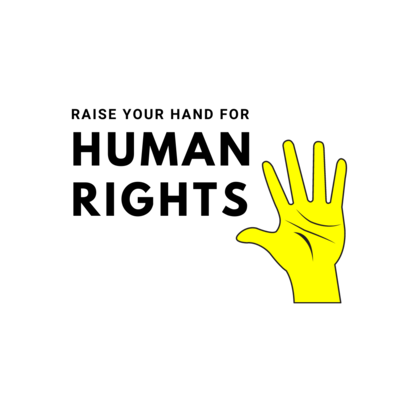 Bildet viser en gul hånd med teksten "Raise your hand for human rights"