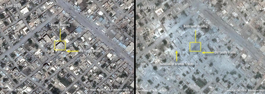 Satelittbilde som viser hvordan et område ser ut før og etter et bombeangrep. 