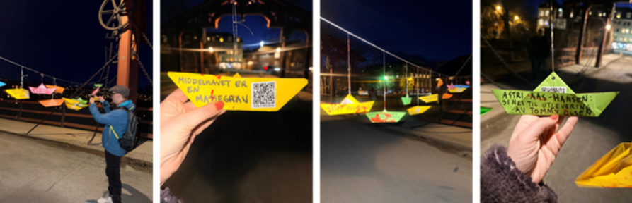 Papirb&aring;ter som henger over gamle bybro i Trondheim. P&aring; b&aring;tene st&aring;r det politiske budskap om &aring; stoppe utleveringen av Tommy Olsen.