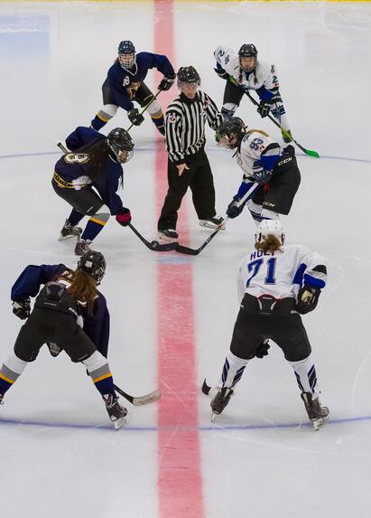 Bildet viser seks ishockey-spillere og en dommer