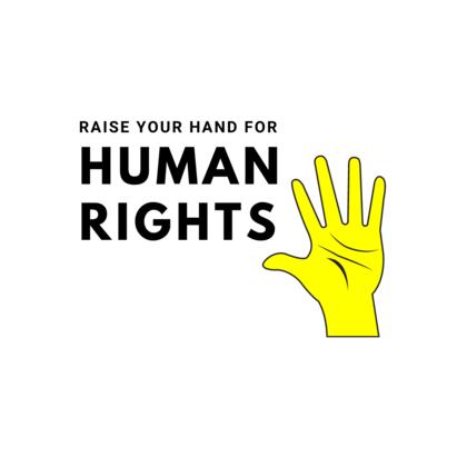 Bildet viser en gul hånd med teksten "Raise your hand for human rights"
