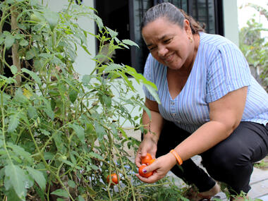 En middelaldrende dame viser frem en tomatplante og smiler