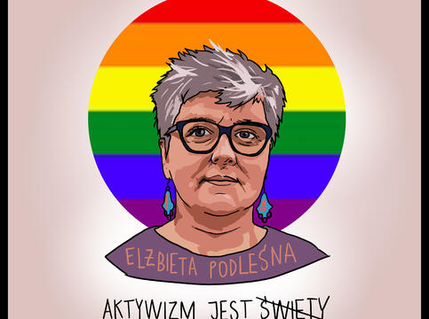 Bildet viser en tegning av Elżbieta Podleśna med regnbueglorie. Bildet er laget av Marta Frej.